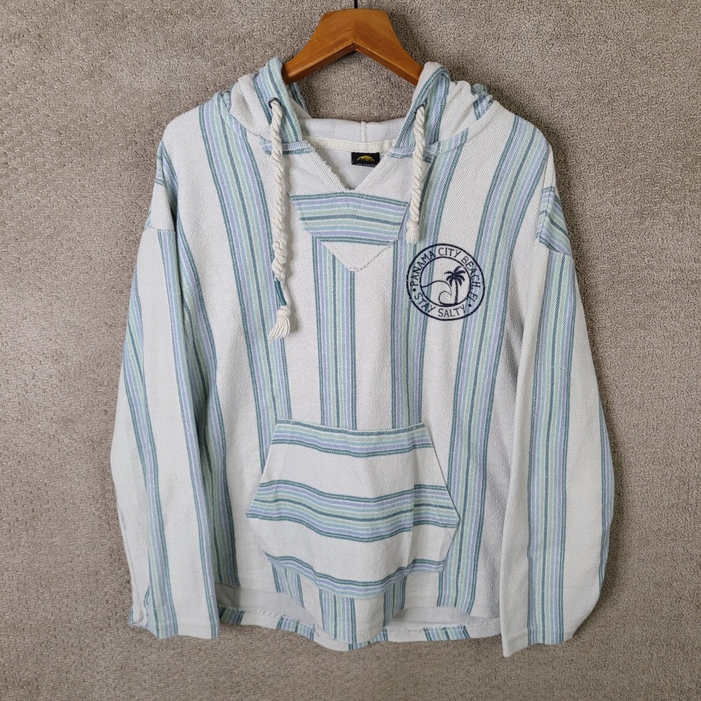 Sunsations Hoodie Womens L Blue‎ Striped Panama City Beach Stay Salty Baja